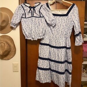 Busy Bee Smock Co Blue and White Floral Dress Set